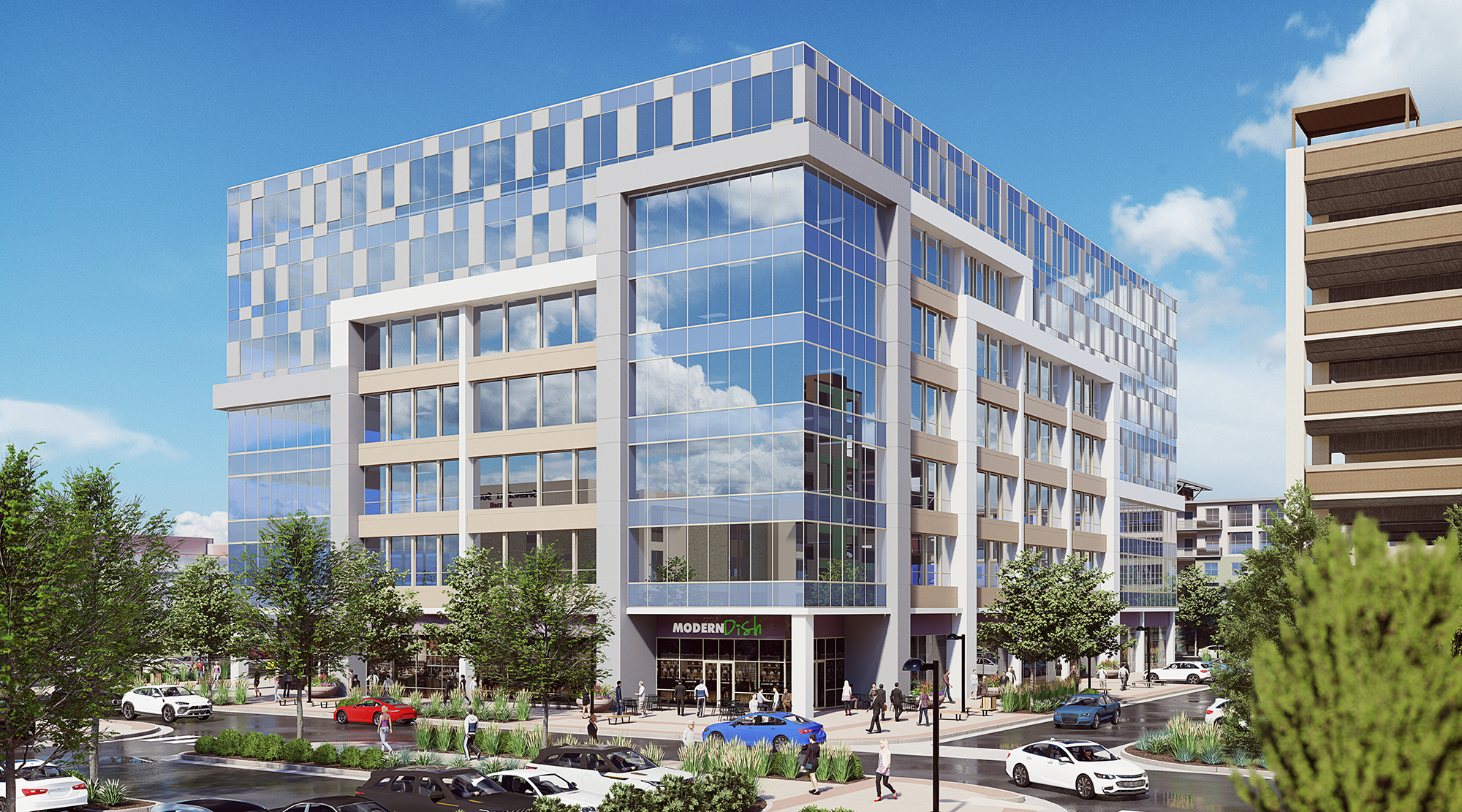 Photorealistic 3D architectural visualization of an office building at Fitzsimons