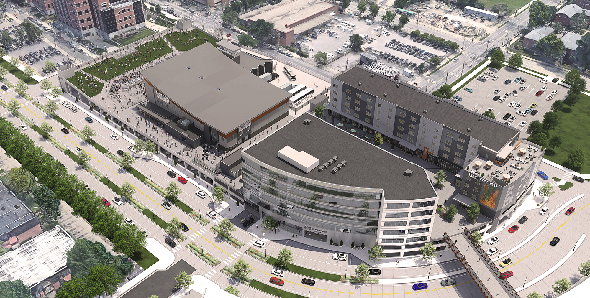 Photorealistic bird's eye view architectural visualization of Ovation