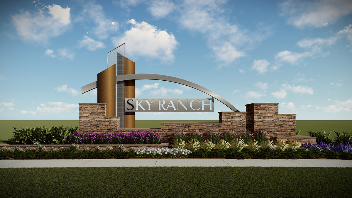 Photorealistic 3D rendering of Sky Ranch entry monumentation