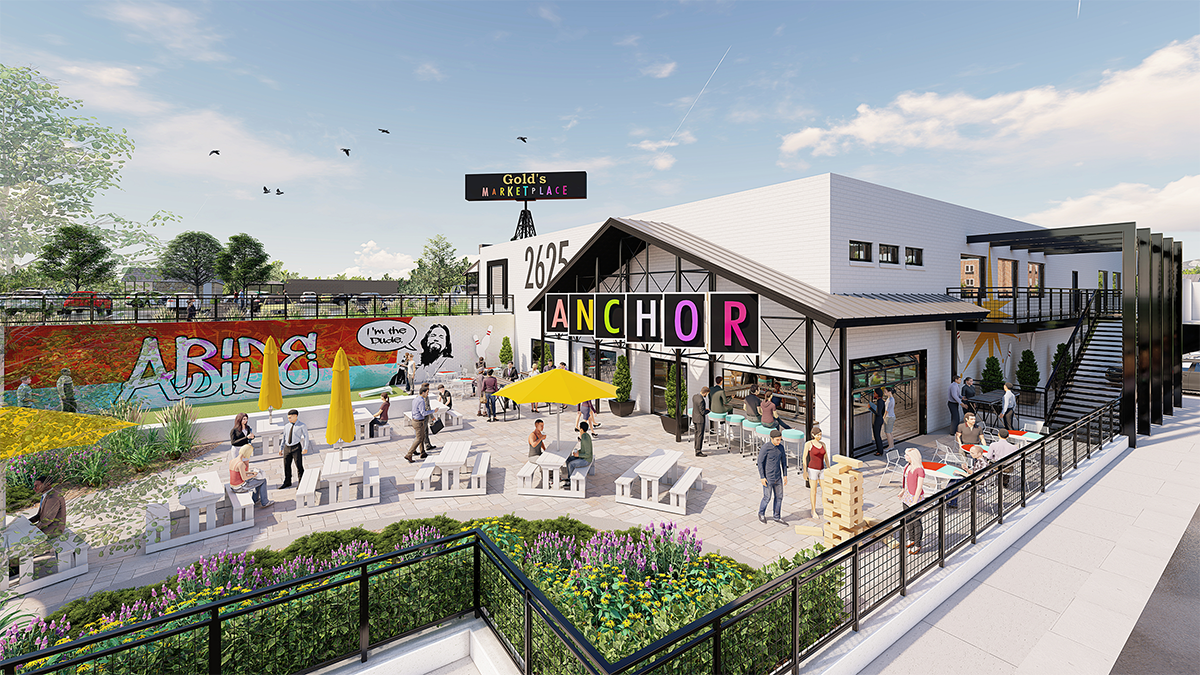 Photorealistic 3D architectural visualization of Gold's Marketplace