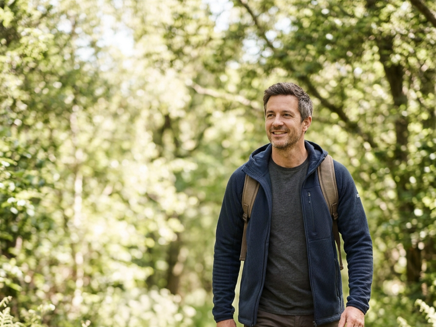 Smiling man wearing a backpack hiking through a sunlit forest