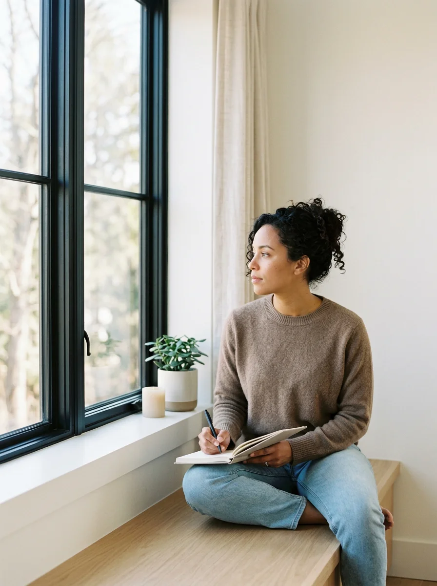 Woman sitting by a large window, writing in a notebook beside a potted plant and candle
