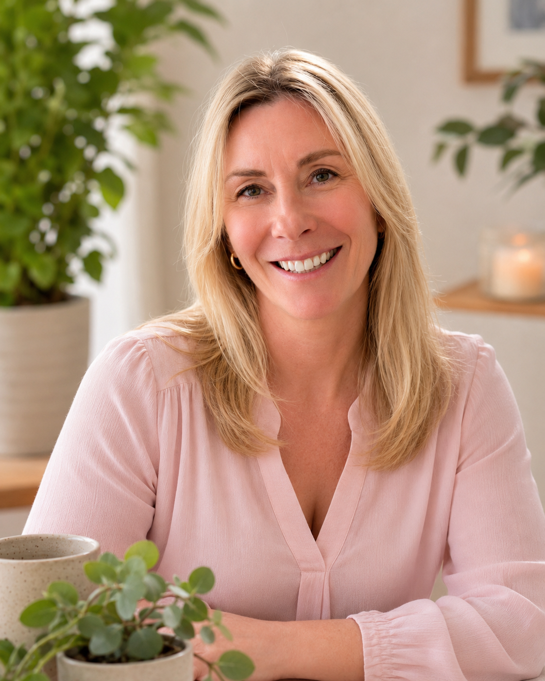 Smiling blonde woman in a pink blouse seated indoors with a coffee cup and potted plants