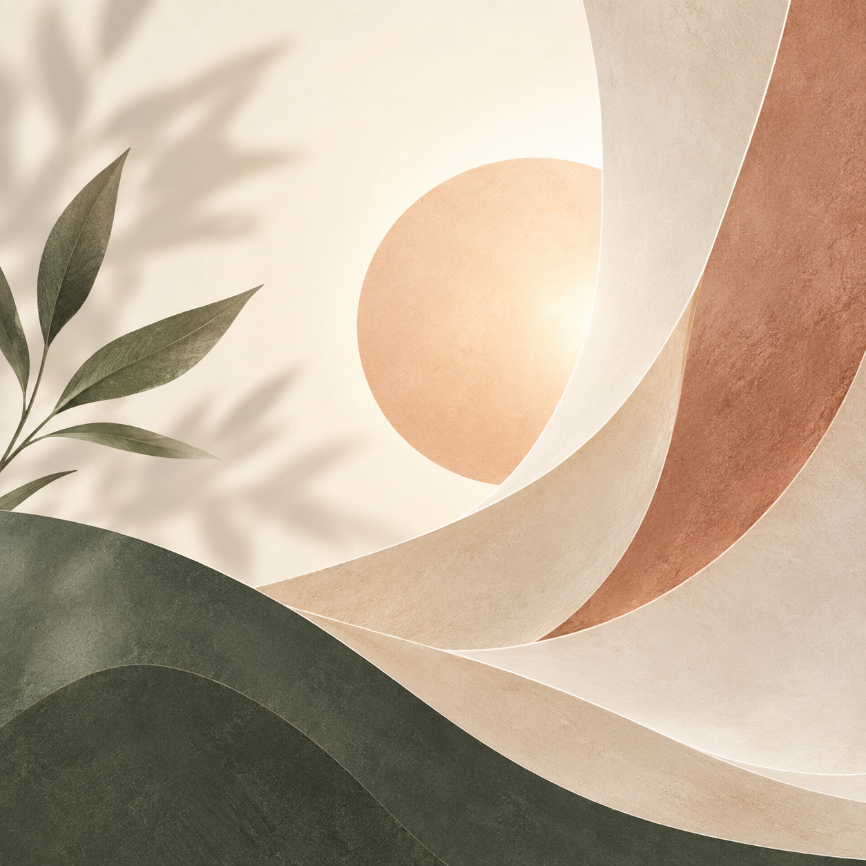 Abstract MMB Well artwork with layered ivory, sage and terracotta shapes, a warm sun and botanical elements.