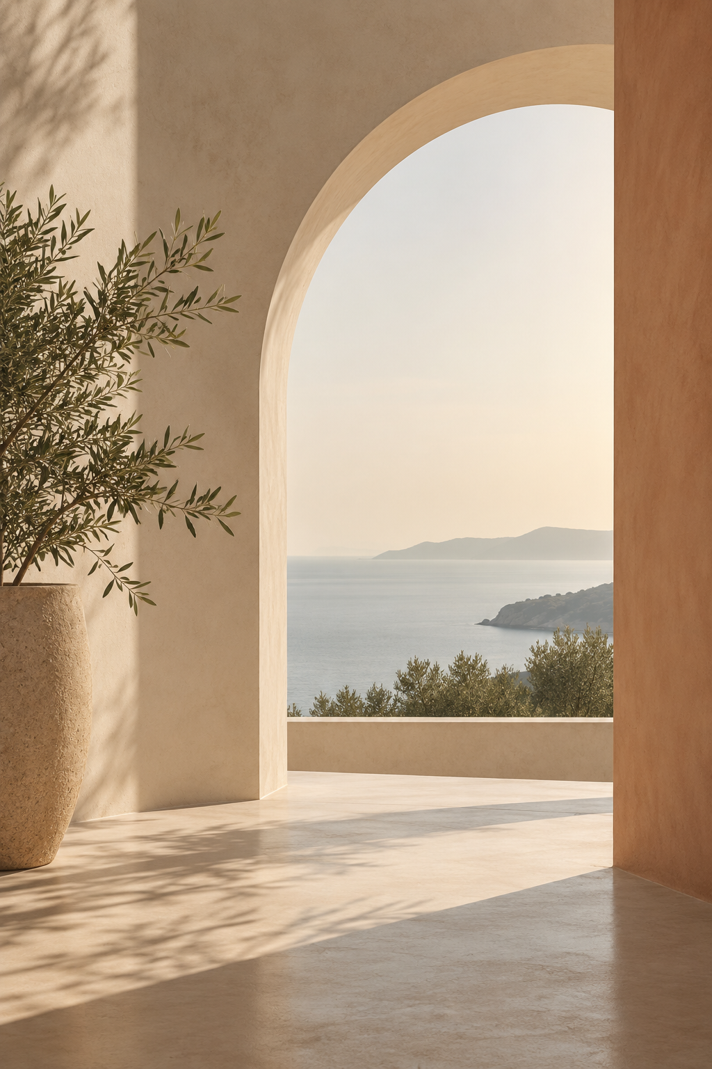 Serene Mediterranean-inspired interior with warm neutral tones, an arched opening and a view toward the landscape beyond.