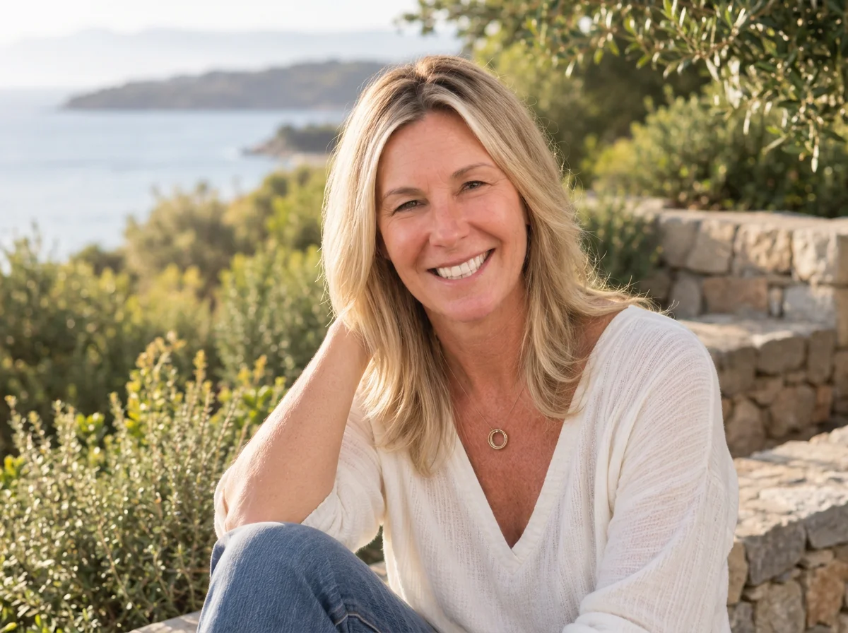 Smiling blonde woman in a white blouse seated outdoors overlooking a blue coastal bay