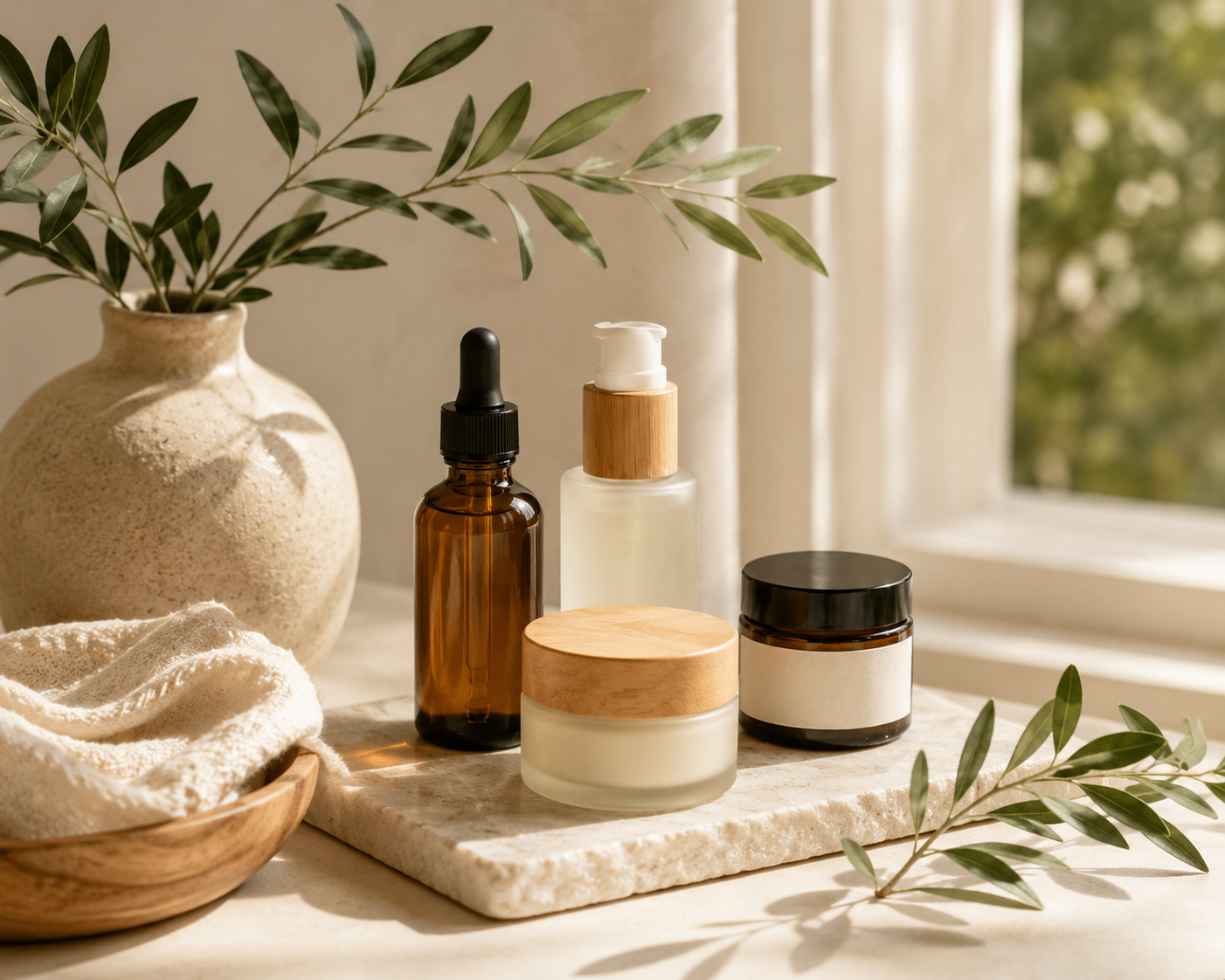 Natural skincare products in glass bottles and jars beside an olive branch, ceramic vase, and folded towel in warm sunlight.