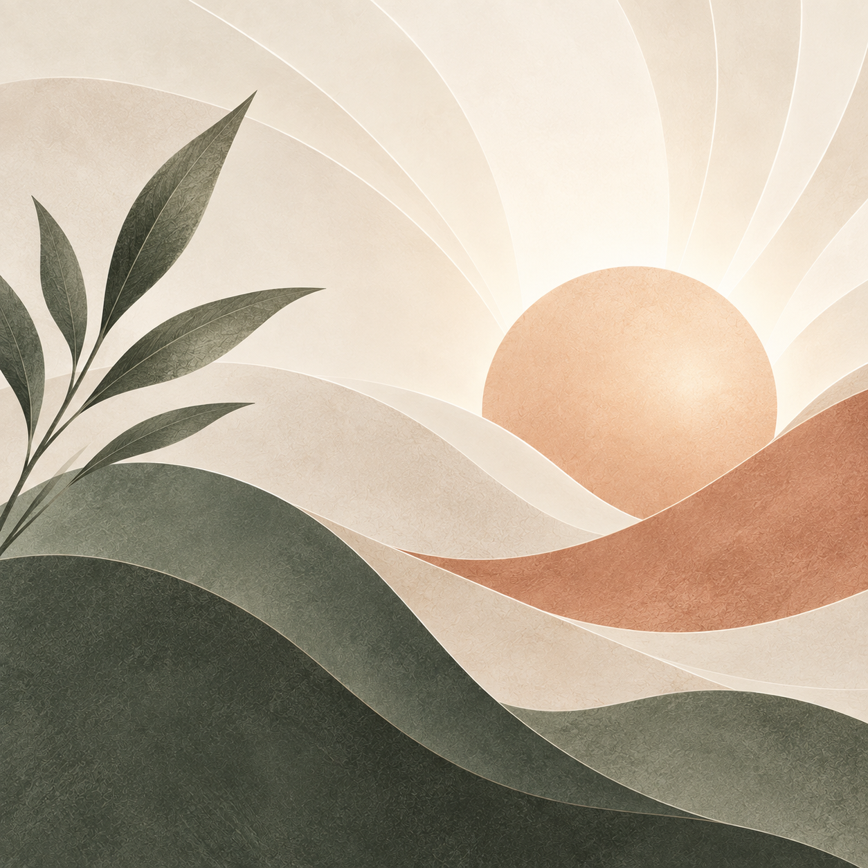 Abstract MMB Well artwork with a rising terracotta sun, flowing sage and ivory forms, and botanical details.