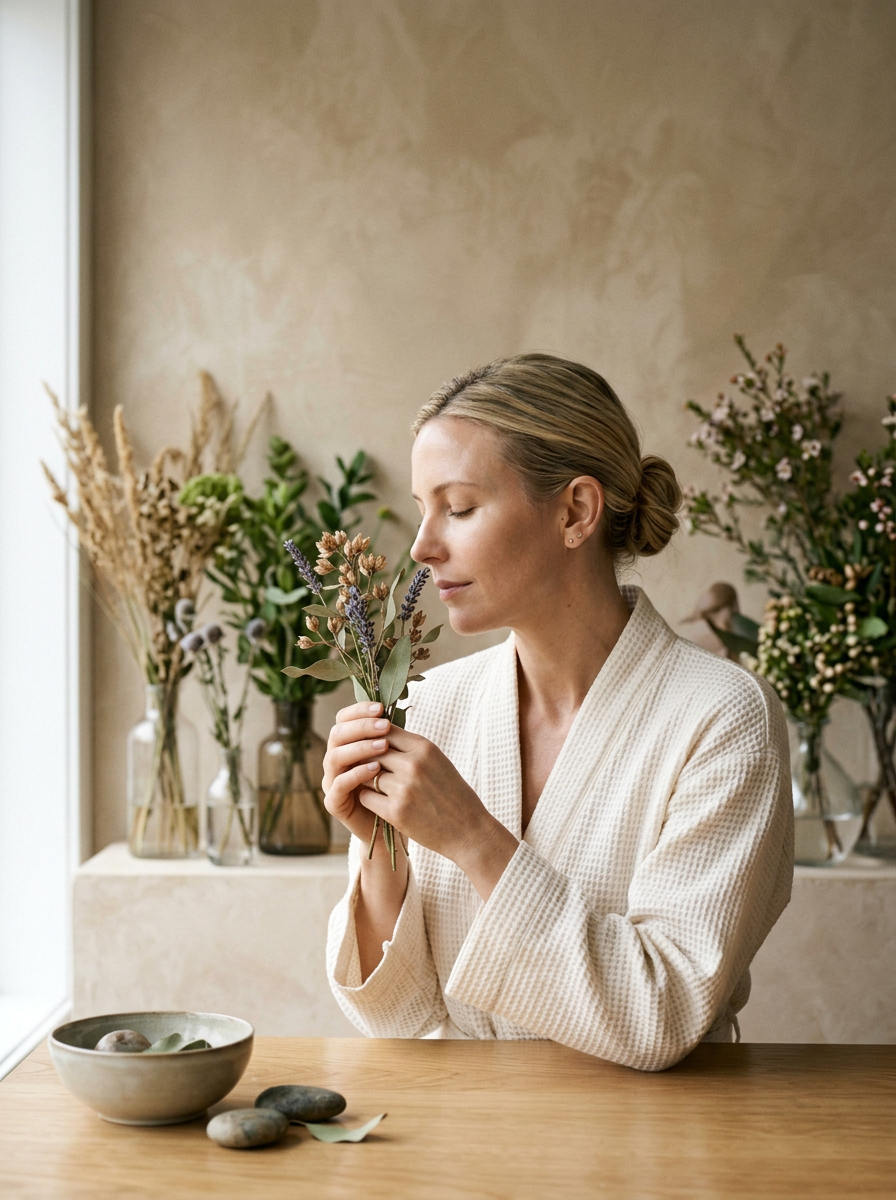 Woman in a white robe smelling a small bouquet of dried flowers at a wooden table