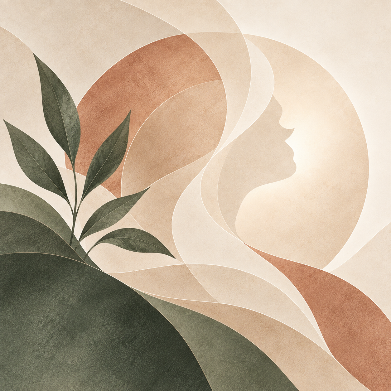 Abstract MMB Well artwork featuring a woman’s profile within flowing ivory, sage and terracotta botanical shapes.