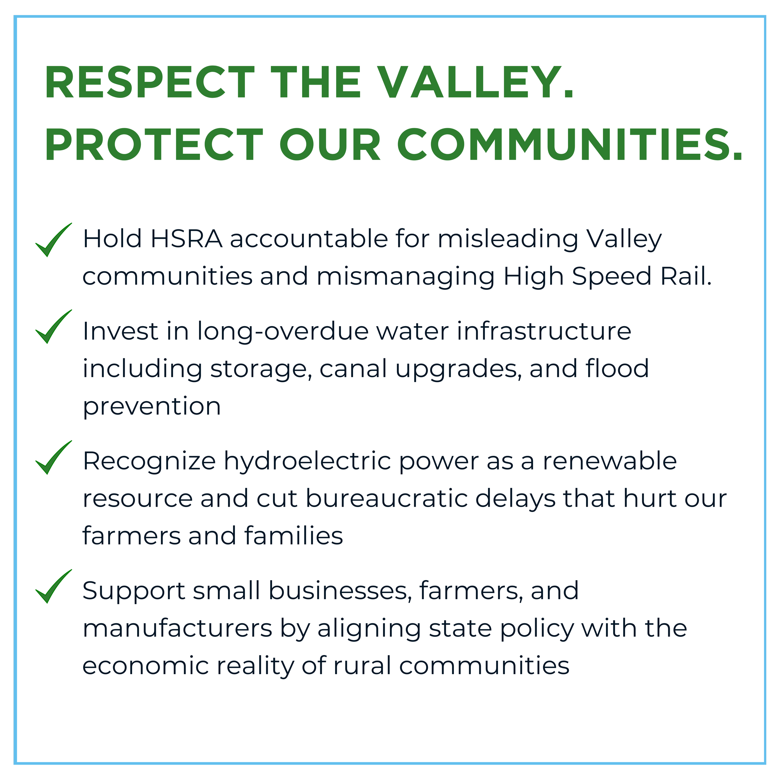 A downloadable poster with green and black text on a white background stating community and environmental advocacy points, including holding HSRA accountable, investing in water infrastructure, recognizing hydroelectric power, and supporting small businesses.