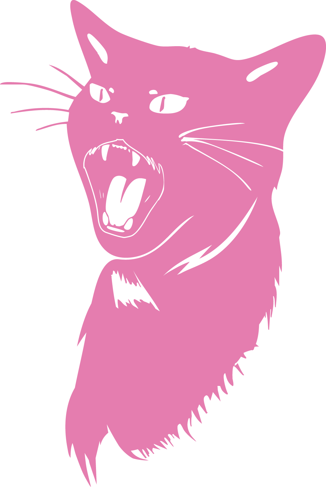 Pink illustration of a roaring big cat, possibly a panther or jaguar, with its mouth wide open and sharp teeth visible.