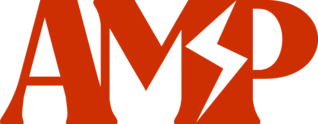 The word "AMP" in bold red letters with a lightning bolt woven in.