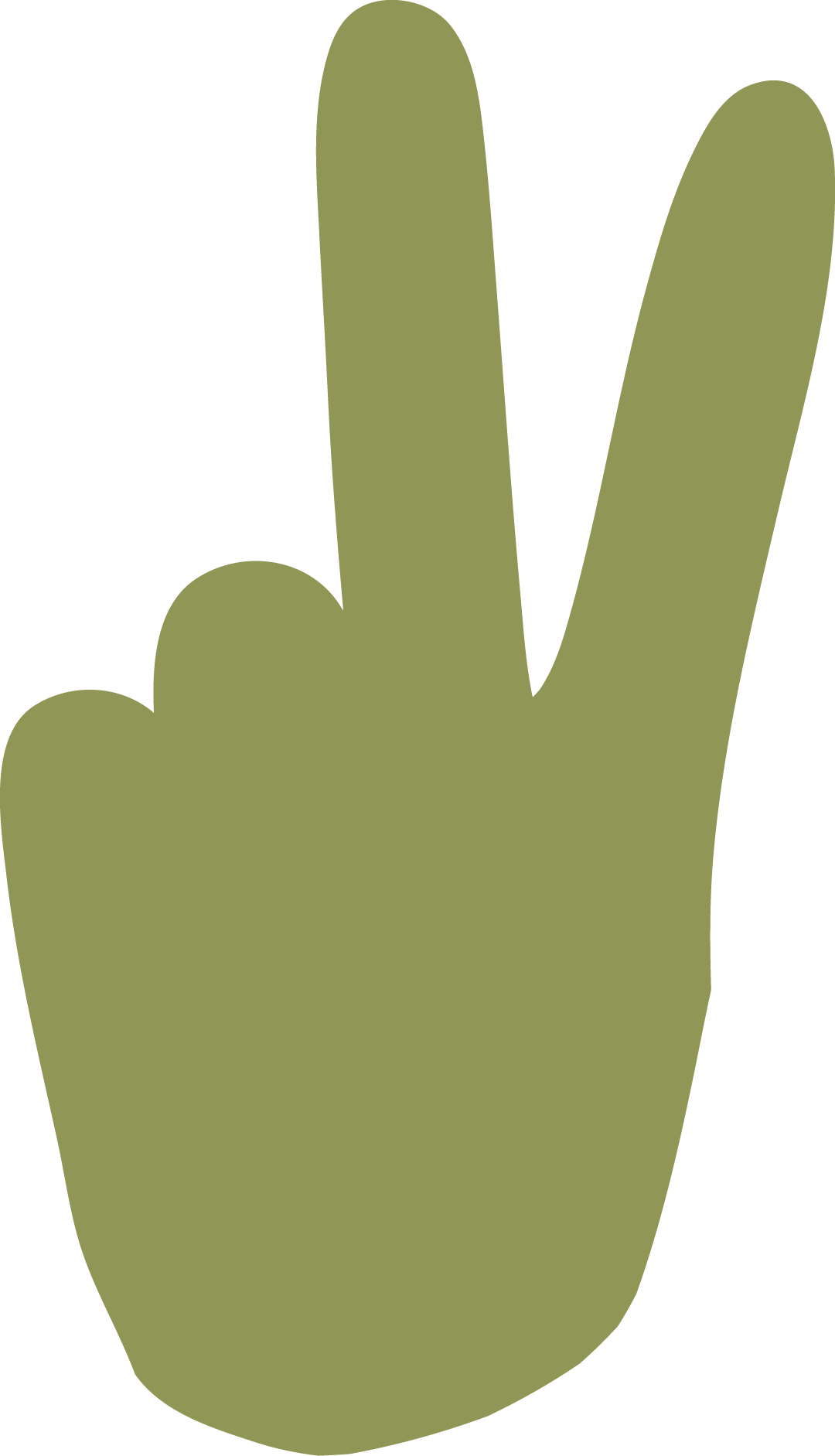 Green hand gesture with index and middle fingers forming a V sign.