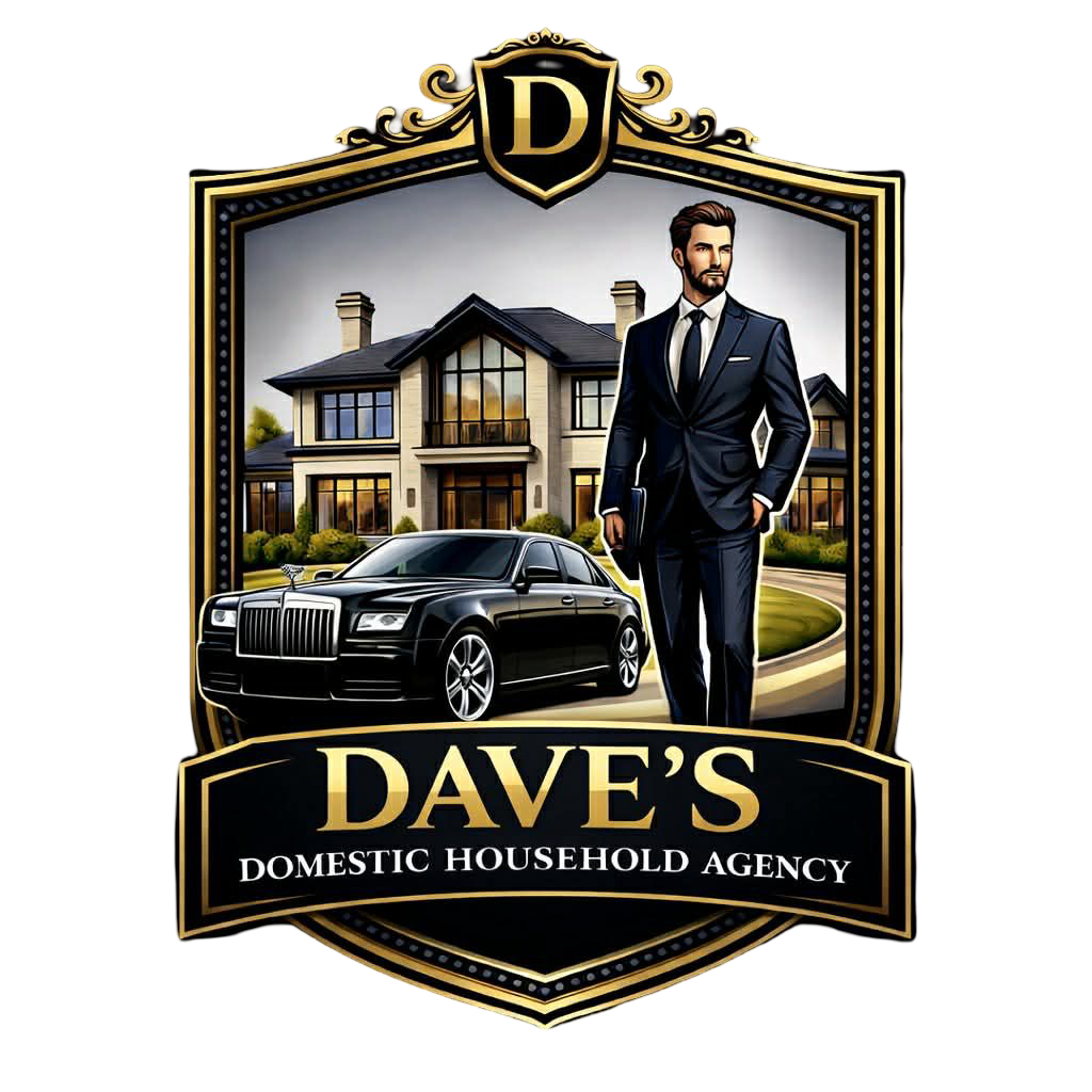 Logo for Dave's Domestic Household Agency featuring a man in a suit, a luxury car, and a large house in the background.