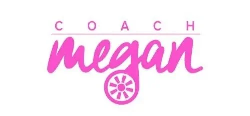 Logo with the words 'COACH Megan' in pink, with a stylized pink wheel or sun symbol below the text.