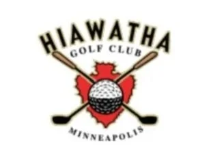 Hiawatha Golf Club logo with crossed golf clubs and a golf ball, with red and black text and design elements