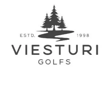 Logo for Viesturi Golfs with three pine trees, a winding path, and text 'ESTD. 1998 VIESTURI GOLFS'.