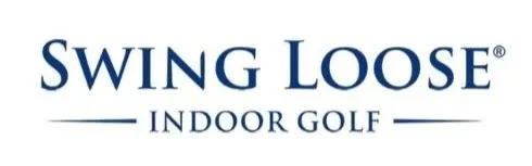 Swing Loose Indoor Golf logo with text in navy blue on a white background.