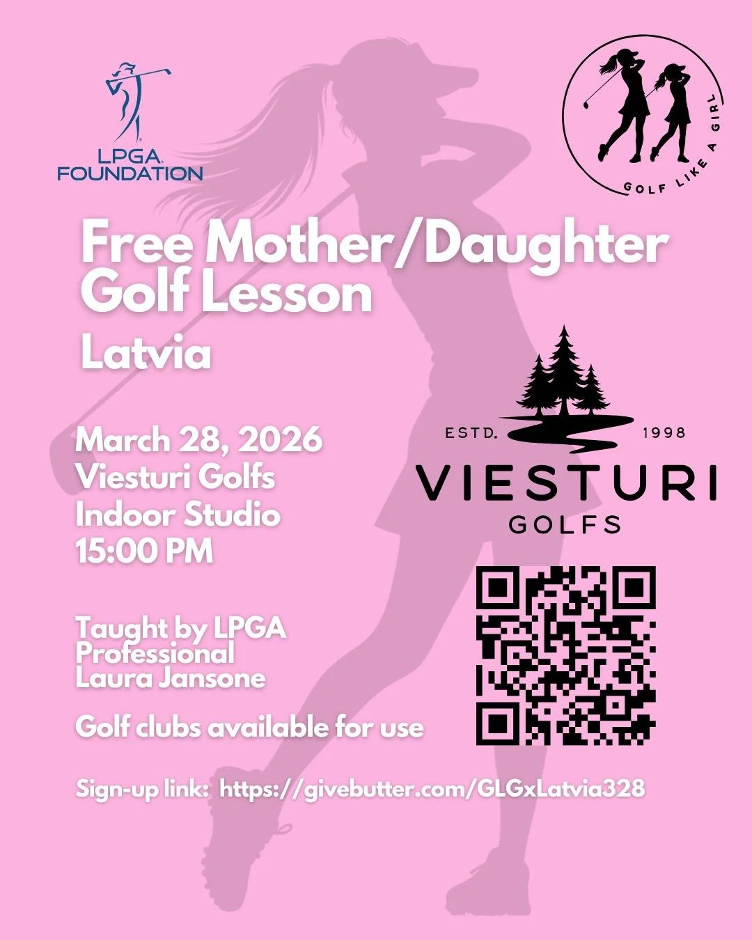 💕FREE mother/daughter golf lesson in Latvia!💕

Clubs and vibes provided. Taught by PGA pro Laura Jansone🏌️&zwj;♀️⛳️
Join us on March 28, sign up today!

#GolfLikeAGirl #GolfLikeAGirl #GolfInspo  #Golf