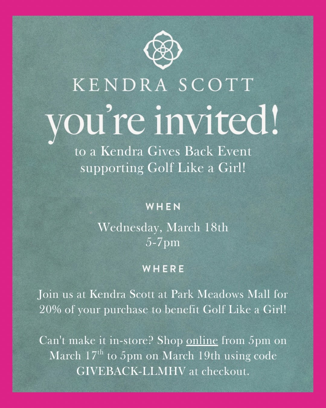 Shop for a cause 💎⛳
Support Golf Like A Girl by shopping Kendra Scott online from March 17 at 5PM &ndash; March 19 at 5PM MT.

Thank you @kendrascott for supporting Golf Like A Girl! 🤍
#kendrascott #shinebrightdogood
#kendragivesback #shopforgood