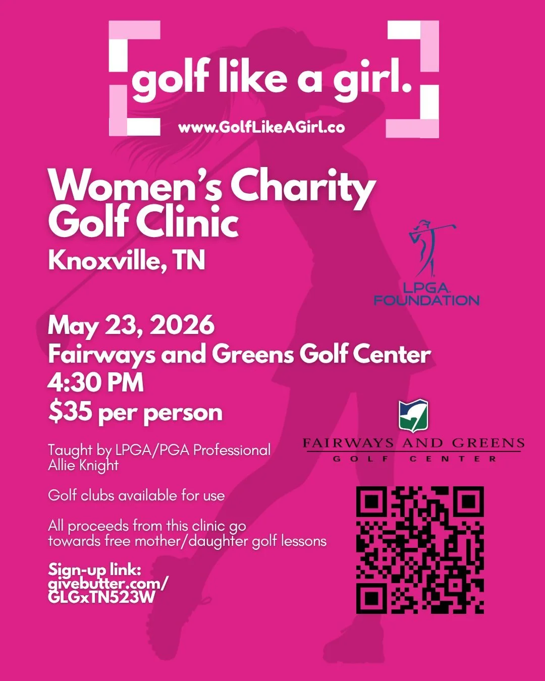 💕Golf Like a Girl Social Club 💕 

A space for women to learn to golf while having a gab sesh with your girls. 
Golf Lesson taught by LPGA Professional Allie Knight. 

Sign up today using link/QR code ⛳️💕🏌️&zwj;♀️

#GolfLikeAGirl #GolfLikeAGirl #G
