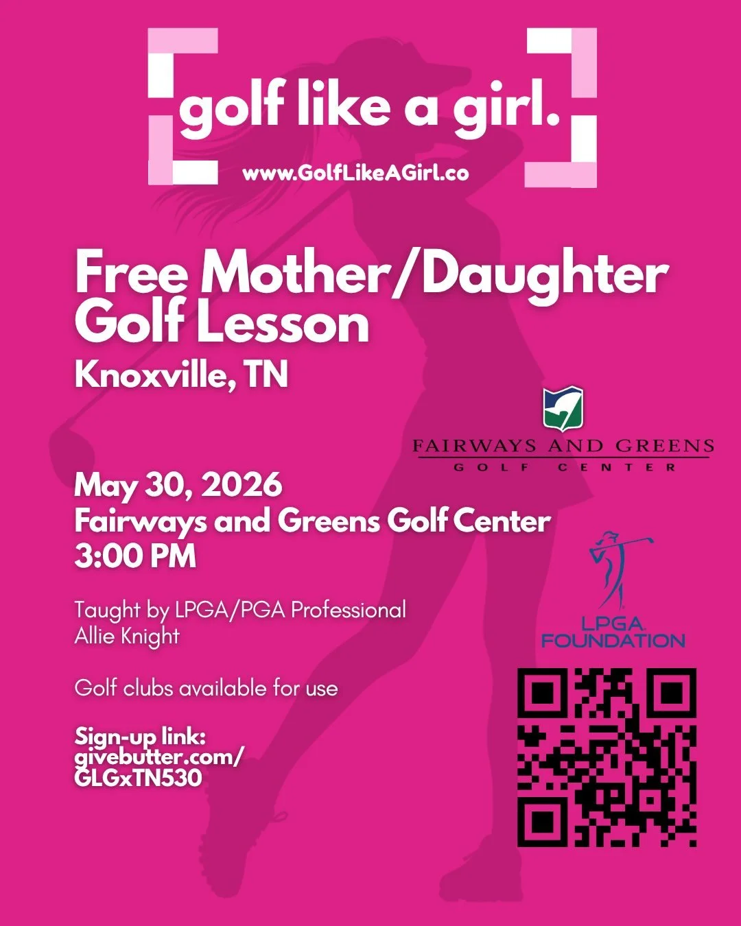 💕FREE mother/daughter golf lesson in Knoxville, TN!💕

Clubs and vibes provided. Taught by PGA pro Allie Knight🏌️&zwj;♀️⛳️
Join us on May 30th, sign up today using link/QR code!

#GolfLikeAGirl #GolfLikeAGirlSocialClub #GolfInspo #Golf