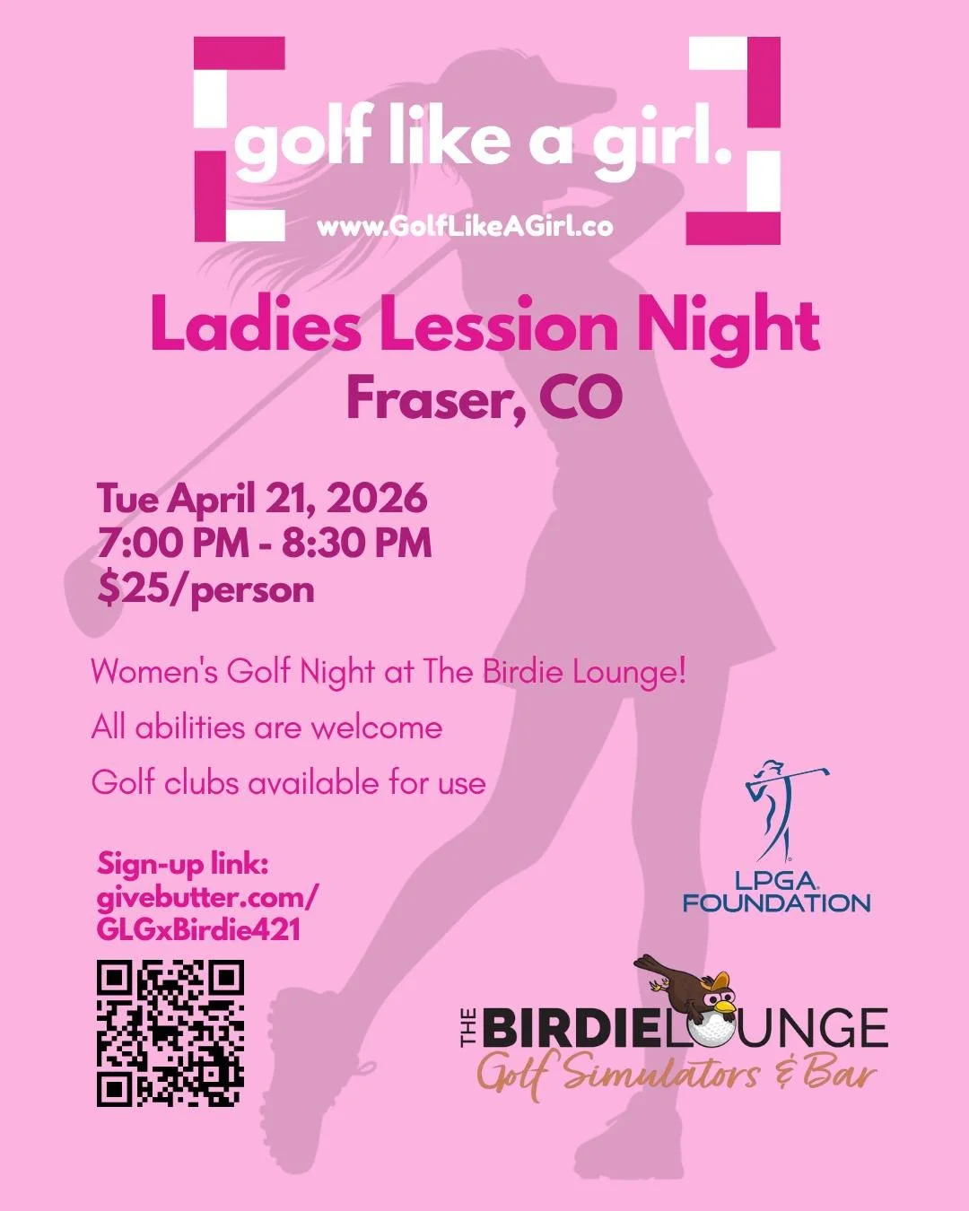 Join us for our Women's Golf Night at The Birdie Lounge in Fraser, CO on April 21th! 🩷 

All abilities welcome! 
Clubs available! 
Come make new friends and have a blast at The Birdie Lounge! 

Sign up using the link/QR code! 🩷🏌🏼&zwj;♀️

#GolfLik