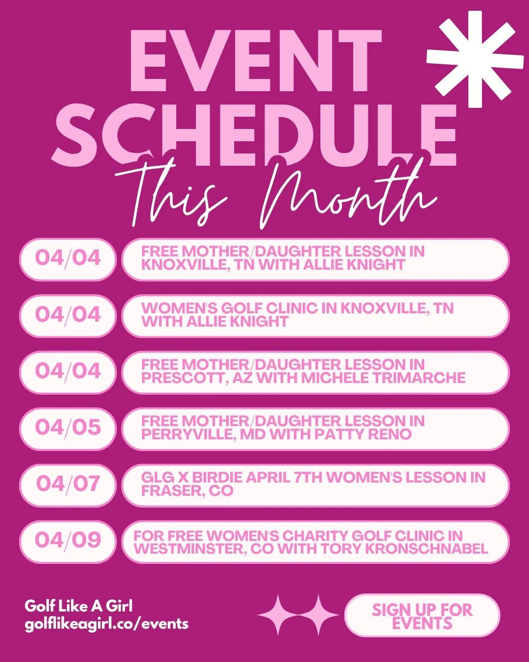 📅 April is packed with exciting events! Sign up on our Website!
.
.
.
.
.
.
.
.
.
#GolfLikeAGirl #GolfLikeAGirl #GolfInspo  #Golf