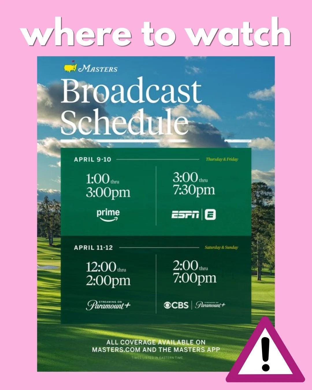 ⛳ The countdown is on! 

The Masters Tournament 2026 returns April 6&ndash;12&mdash;get ready for iconic moments, legendary shots, and Augusta at its finest. 🌿🏌️&zwj;♂️

Don&rsquo;t miss a second&mdash;here&rsquo;s where you can watch it all unfold