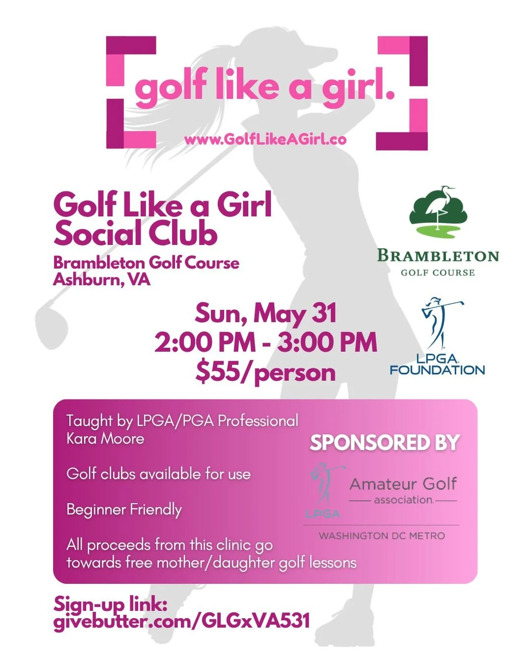 💕Golf Like a Girl Social Club takes Ashburn, VA💕 

A space for women to learn to golf while having a gab sesh with your girls. Golf Lesson taught by LPGA Professional Kara Moore!

🩷Golf clubs available for use
🩷Beginner Friendly
🩷All proceeds fr