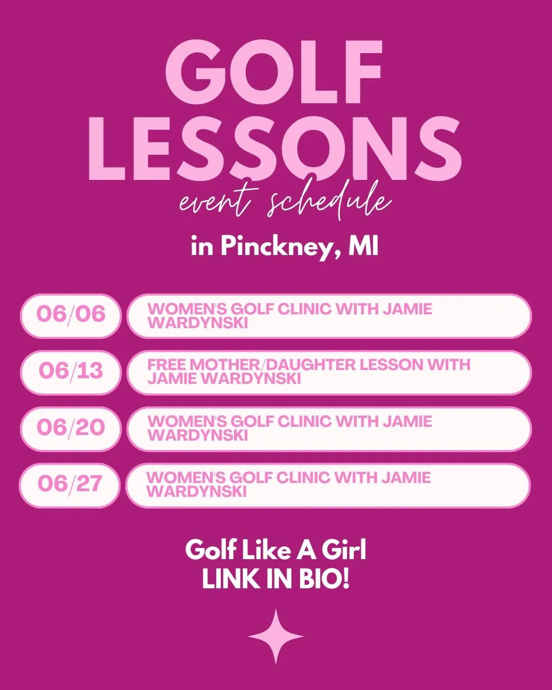 Tee up something special 💖⛳️

Join our FREE Mother/Daughter golf lessons and Women's Golf Clinic in Pinckney, MI this summer! We will be offering free lessons for Mothers/Grandmothers and their Daughters/Granddaughters all of June. 

Minimum age - 5