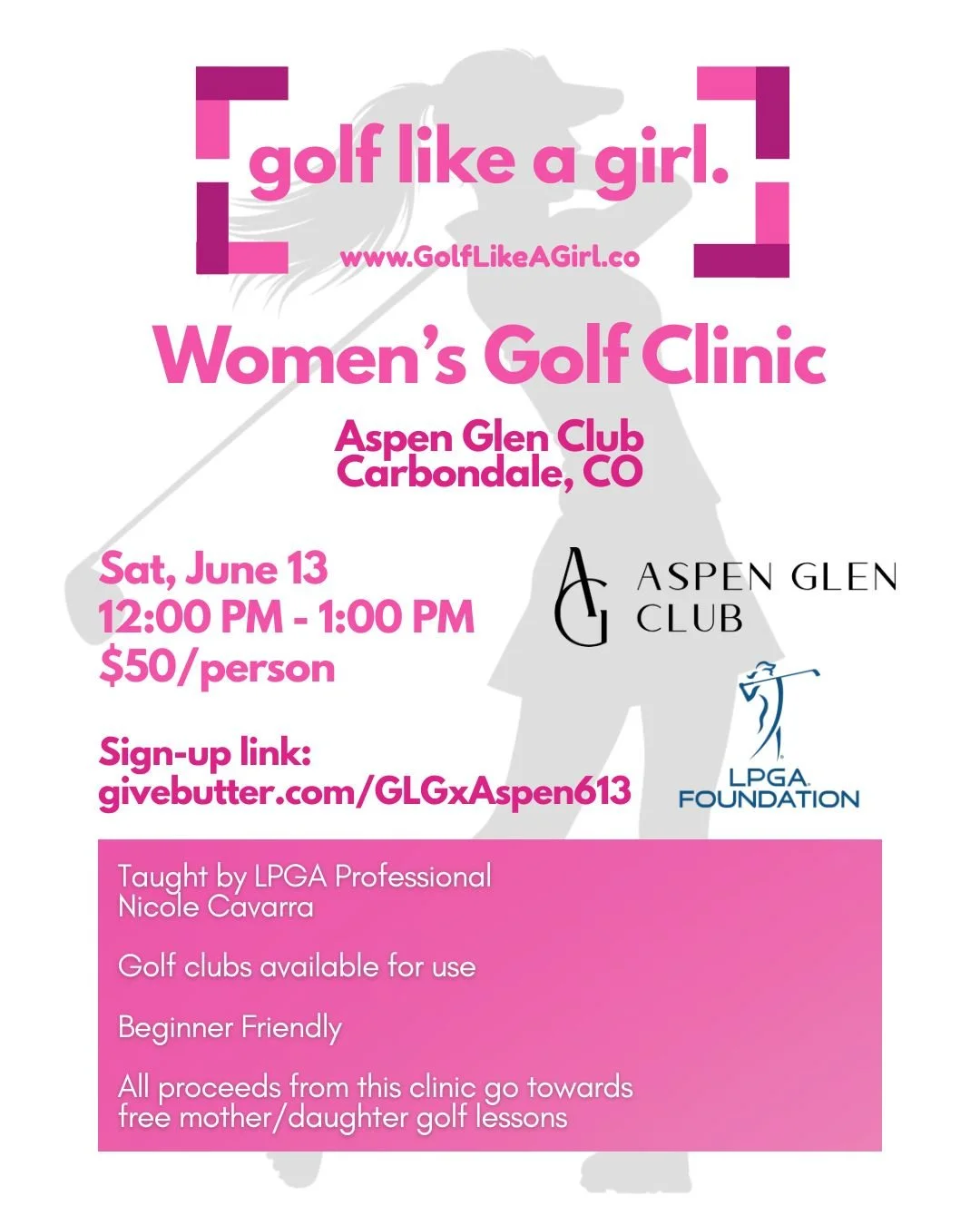 Join our Golf Like A Girl Women's Golf Clinic in Carbondale, CO💕 

A space for women to learn to golf while having a gab sesh with your girls. Golf Lesson taught by LPGA Professional Nicole Cavarra!

🩷Golf clubs available for use
🩷Beginner Friendl