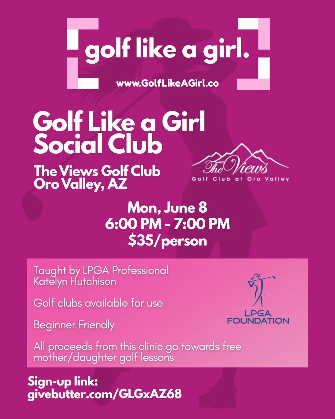 💕Golf Like a Girl Social Club in Oro Valley, AZ💕 

A space for women to learn to golf while having a gab sesh with your girls. Golf Lesson taught by LPGA Professional Katelyn Hutchison!

🩷Golf clubs available for use
🩷Beginner Friendly
🩷All proc