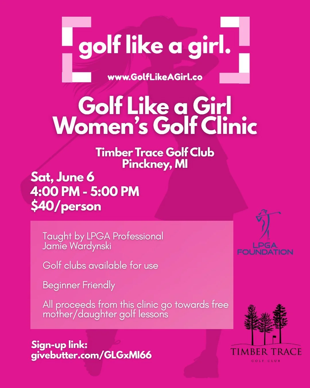 💕Golf Like a Girl Social Club takes Pinckney, MI💕 

A space for women to learn to golf while having a gab sesh with your girls. Golf Lesson taught by LPGA Professional Jamie Wardynski!

🩷Golf clubs available for use
🩷Beginner Friendly
🩷All proce