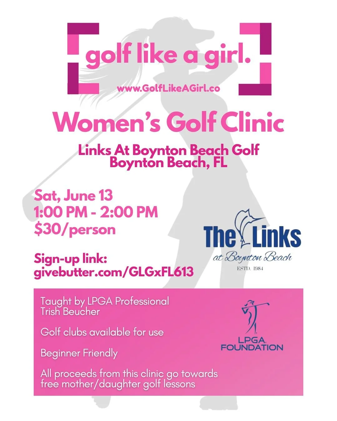 Join our Golf Like A Girl Women's Golf Clinic in Boynton Beach, FL💕 

A space for women to learn to golf while having a gab sesh with your girls. Golf Lesson taught by LPGA Professional Trish Beucher!

🩷Golf clubs available for use
🩷Beginner Frien
