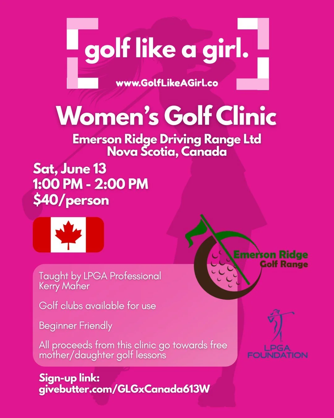 Join our Golf Like A Girl Women's Golf Clinic in Canada💕 

A space for women to learn to golf while having a gab sesh with your girls. Golf Lesson taught by LPGA Professional Kerry Maher!

🩷Golf clubs available for use
🩷Beginner Friendly
🩷All pro