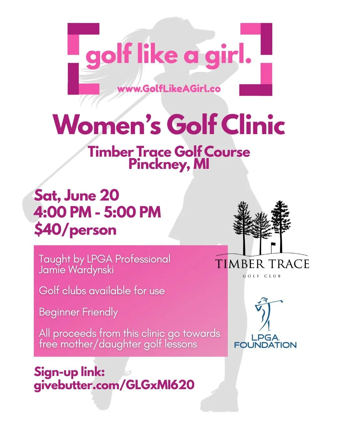 Join our Golf Like A Girl Women's Golf Clinic in Pinckney, MI💕 

A space for women to learn to golf while having a gab sesh with your girls. Golf Lesson taught by LPGA Professional Jamie Wardynski!

🩷Golf clubs available for use
🩷Beginner Friendly