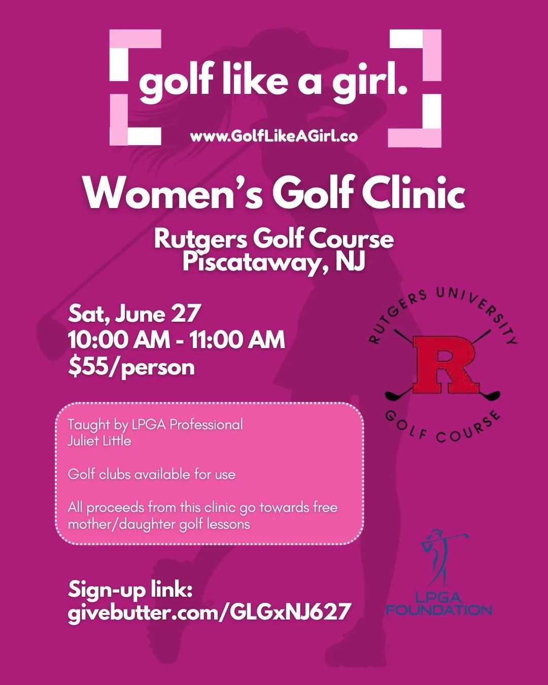 Join our Golf Like A Girl Women's Golf Clinic in Piscataway, NJ 💕 

A space for women to learn to golf while having a gab sesh with your girls. Golf Lesson taught by LPGA Professional Juliet Little!

🩷Golf clubs available for use
🩷Beginner Friendl