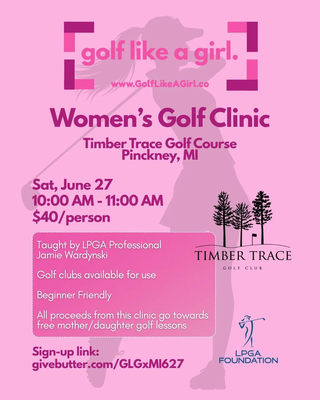 💕Golf Like a Girl Social Club takes Pinckney, MI💕 

A space for women to learn to golf while having a gab sesh with your girls. Golf Lesson taught by LPGA Professional Jamie Wardynski!

🩷Golf clubs available for use
🩷Beginner Friendly
🩷All proce
