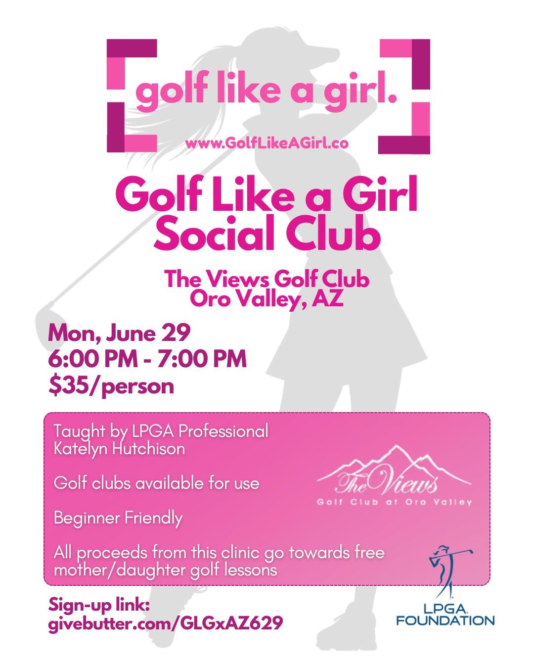 💕Golf Like a Girl Social Club in Oro Valley, AZ💕 

A space for women to learn to golf while having a gab sesh with your girls. Golf Lesson taught by LPGA Professional Katelyn Hutchison!

🩷Golf clubs available for use
🩷Beginner Friendly
🩷All proc