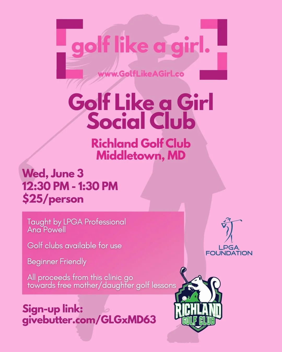 Join our Women's Golf Clinic in Middletown, MD💕 

A space for women to learn to golf while having a gab sesh with your girls. Golf Lesson taught by LPGA Professional Ana Powell! 

🩷Golf clubs available for use
🩷Beginner Friendly
🩷All proceeds fro