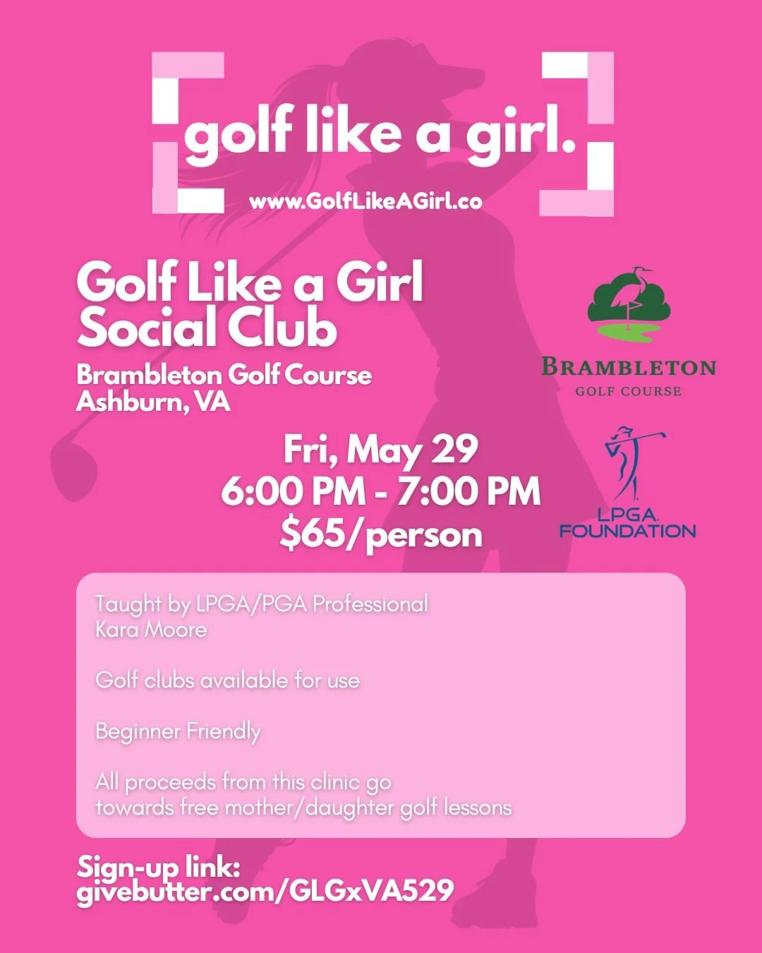 💕Golf Like a Girl Social Club takes Ashburn, VA💕 

A space for women to learn to golf while having a gab sesh with your girls. Golf Lesson taught by LPGA Professional Kara Moore!

🩷Golf clubs available for use
🩷Beginner Friendly
🩷All proceeds fr