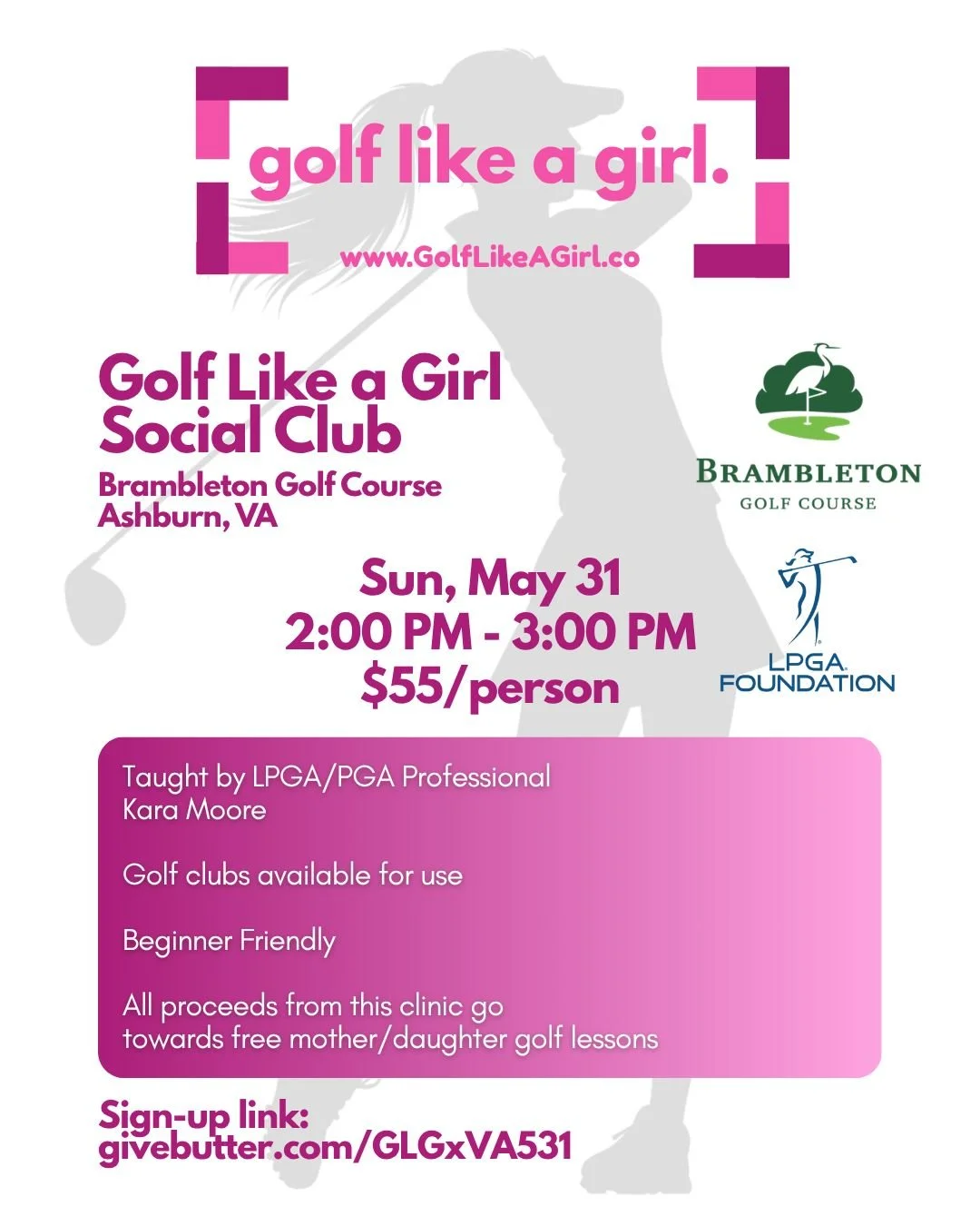 💕Golf Like a Girl Social Club takes Ashburn, VA💕 

A space for women to learn to golf while having a gab sesh with your girls. Golf Lesson taught by LPGA Professional Kara Moore!

🩷Golf clubs available for use
🩷Beginner Friendly
🩷All proceeds fr