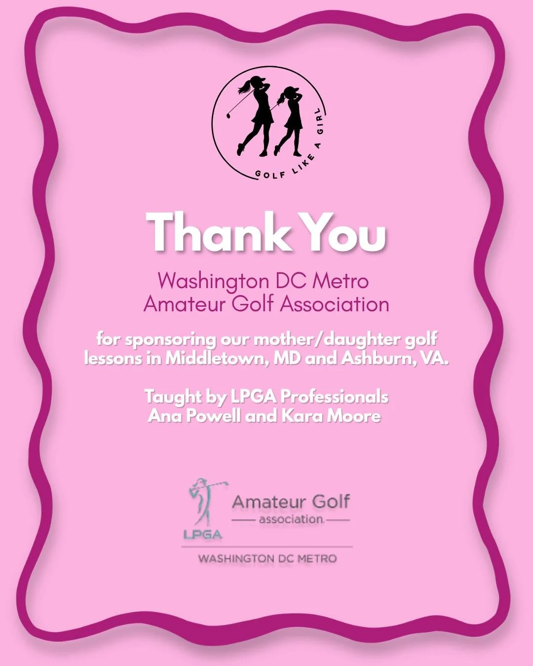 Big thank you to the Washington DC Metro Amateur Golf Association for sponsoring our free mother/daughter lessons in Middletown and Ashburn! ⛳️

Support like this is what makes it all possible&mdash;and allows us to keep growing the game for more gir