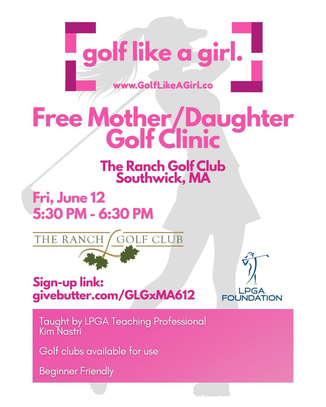 💕FREE mother/daughter golf lesson in Southwick, MA!💕

Join us for a free clinic taught by Kim Nastri! 

We welcome all Mothers/Grandmothers and their Daughters/Granddaughters! 
Must be 5+ years old
Clubs and vibes provided 🏌️&zwj;♀️⛳️

Sign up tod