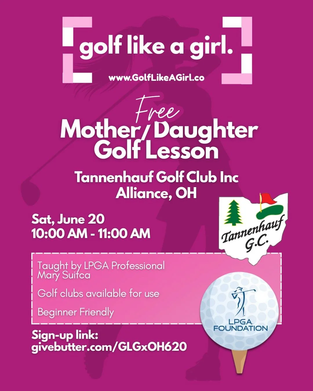 💕FREE mother/daughter golf lesson in Alliance, OH!💕

Join us for a free lesson taught by Mary Suitca! For Mothers/Grandmothers and their Daughters/Granddaughters! 

Clubs and vibes provided 🏌️&zwj;♀️⛳️
Sign up today using link: givebutter.com/GLGx