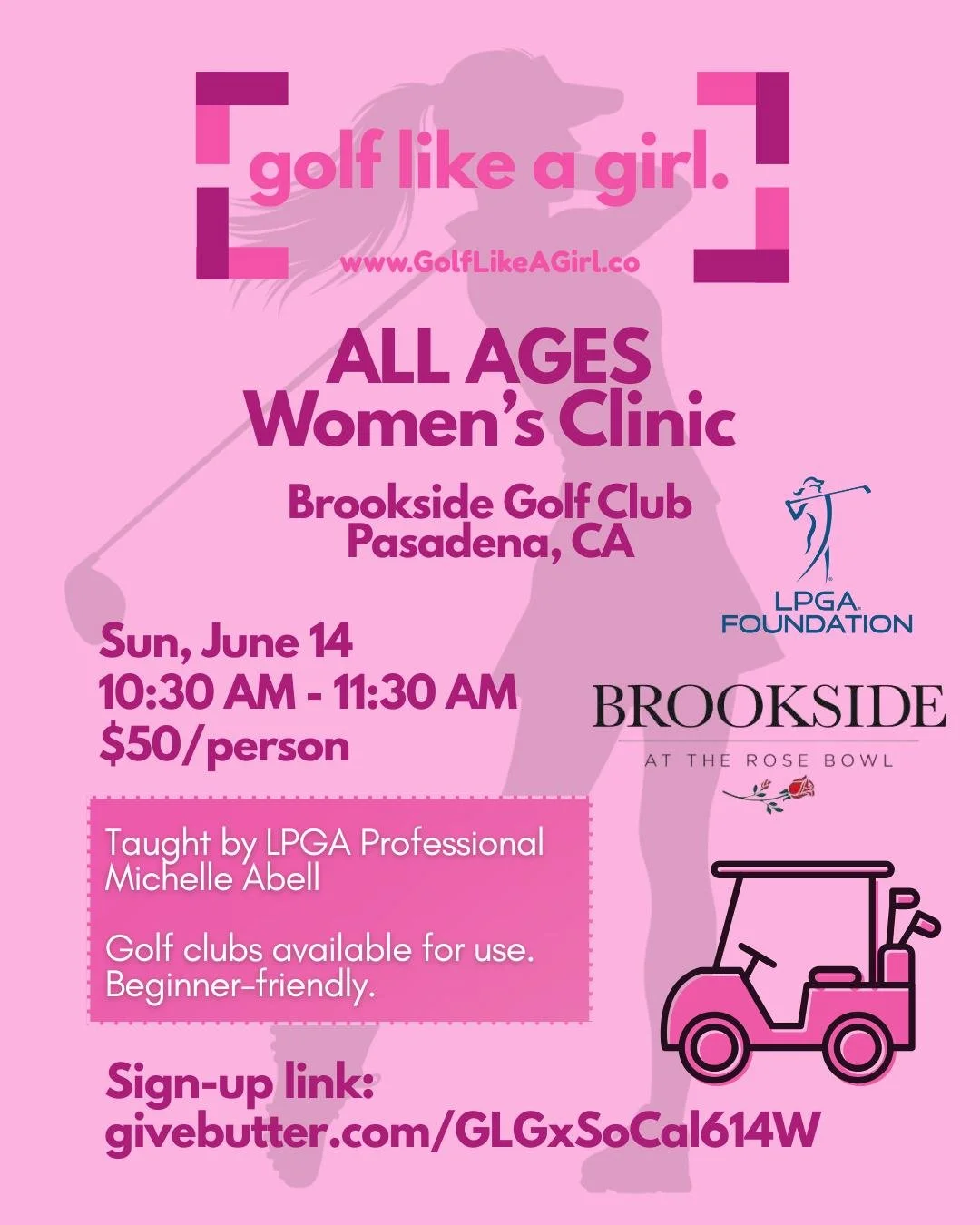 💕Join our ALL AGES Women's Golf Clinic in Pasadena, CA!💕

Join us for a free lesson taught by Michelle Abell! For Mothers/Grandmothers and their Daughters/Granddaughters! 

Clubs and vibes provided 🏌️&zwj;♀️⛳️
Sign up today using link!

#GolfLikeA