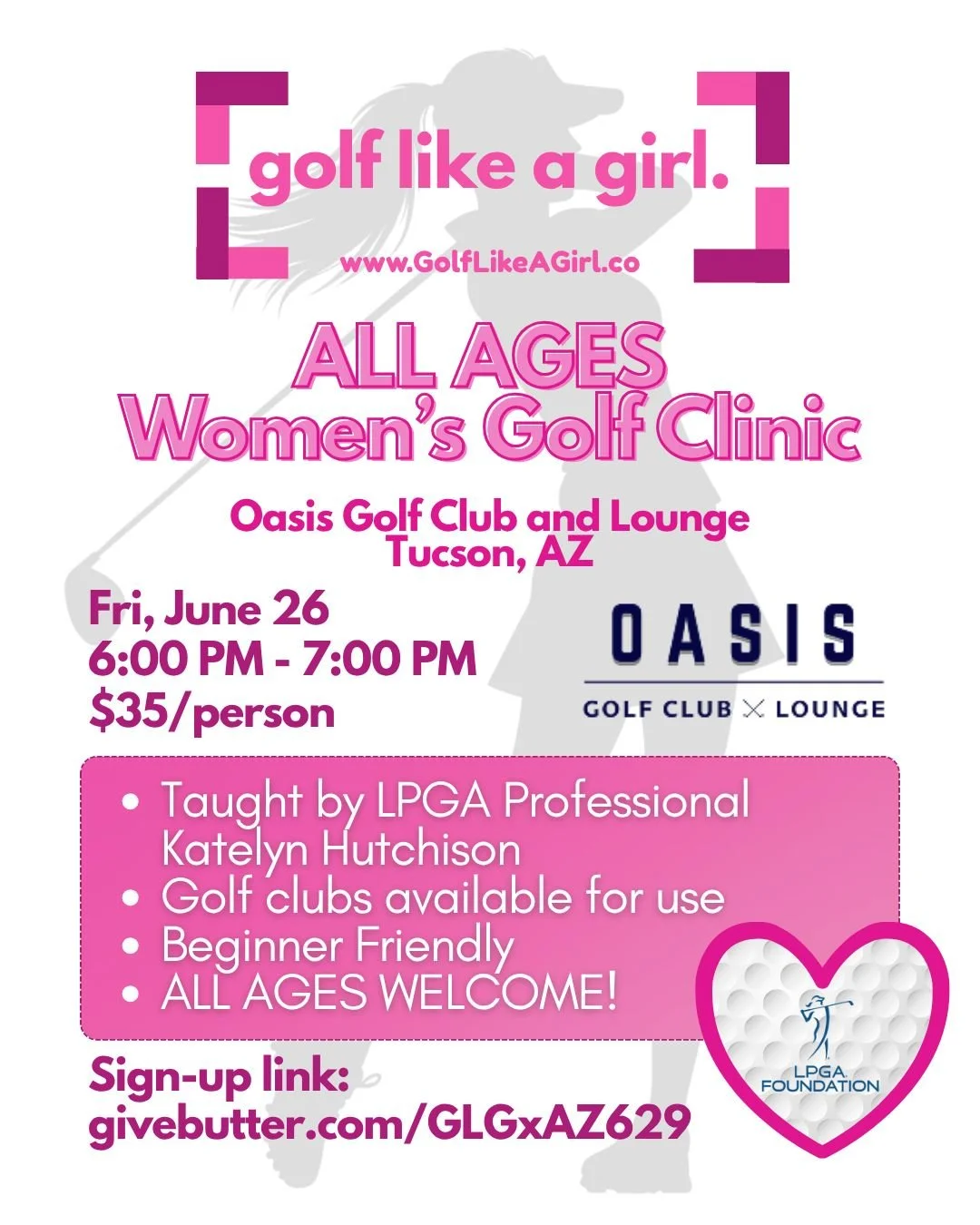 💕ALL AGES Women's Clinic in Tucson, AZ💕 

A space for women to learn to golf while having a gab sesh with your girls. Golf Lesson taught by LPGA Professional Katelyn Hutchison!

🩷Golf clubs available for use
🩷Beginner Friendly
🩷All proceeds from