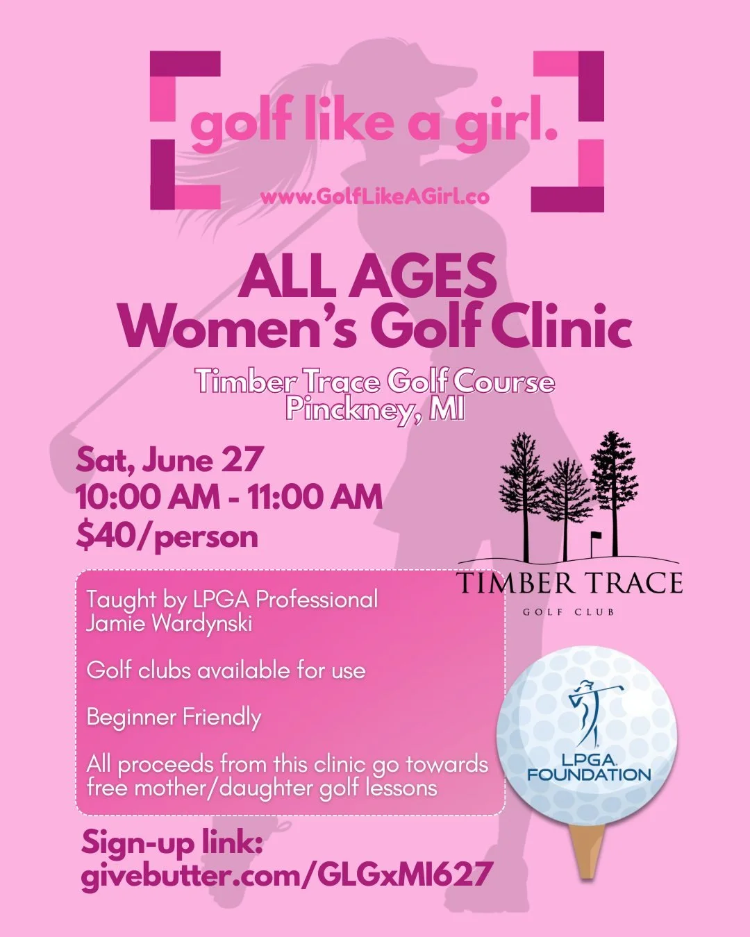 Pinckney, MI, we have exciting news! ALL AGES Women's clinic is coming to you!💕🚨 

A space for women to learn to golf while having a gab sesh with your girls. Golf Lesson taught by LPGA Professional Jamie Wardynski! 

Sign up today using link! 🏌️&